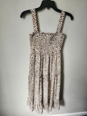 Sam Edelman Cream and Brown Leopard Print Smocked Dress